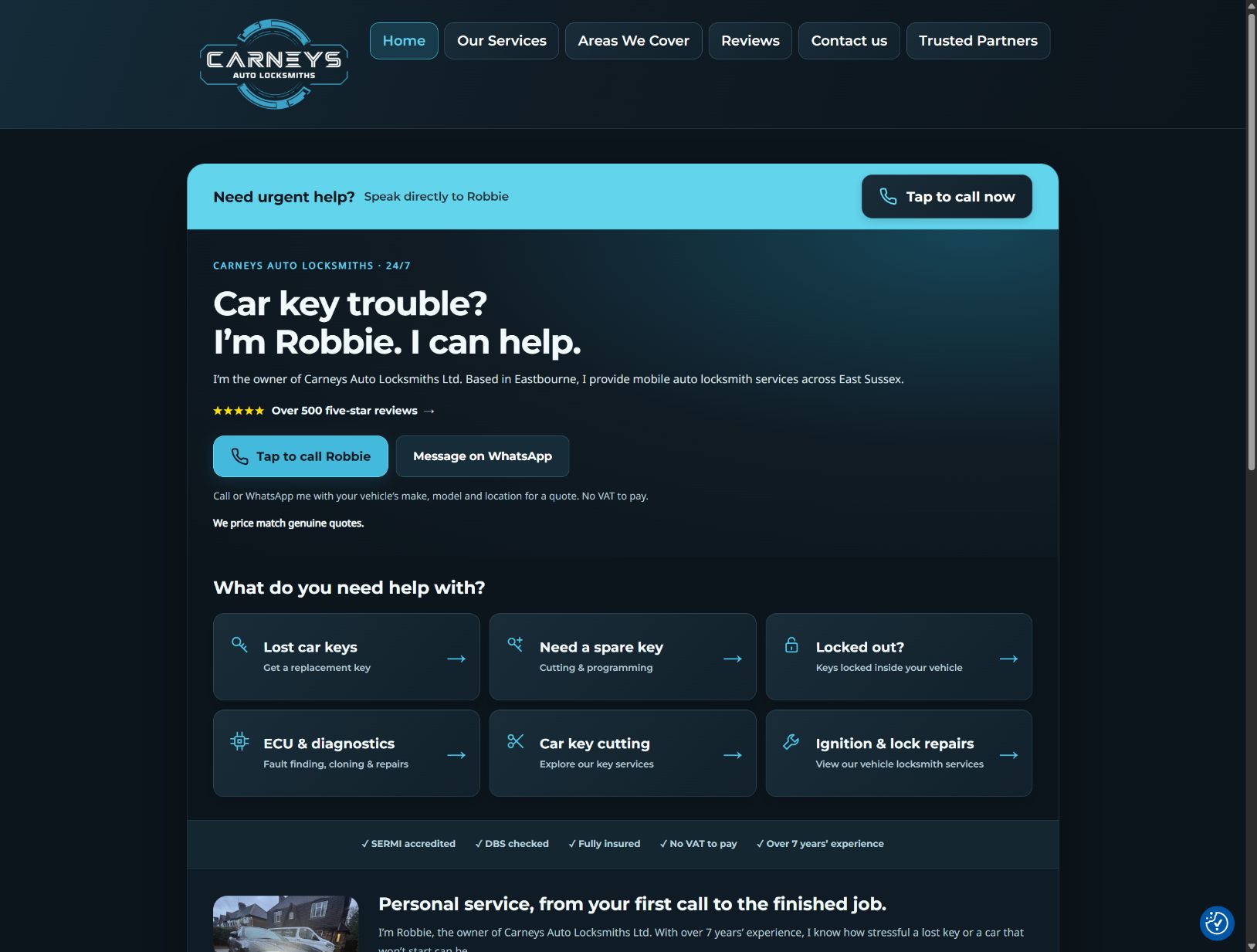 Carneys Auto Locksmiths website with clear call buttons and service options